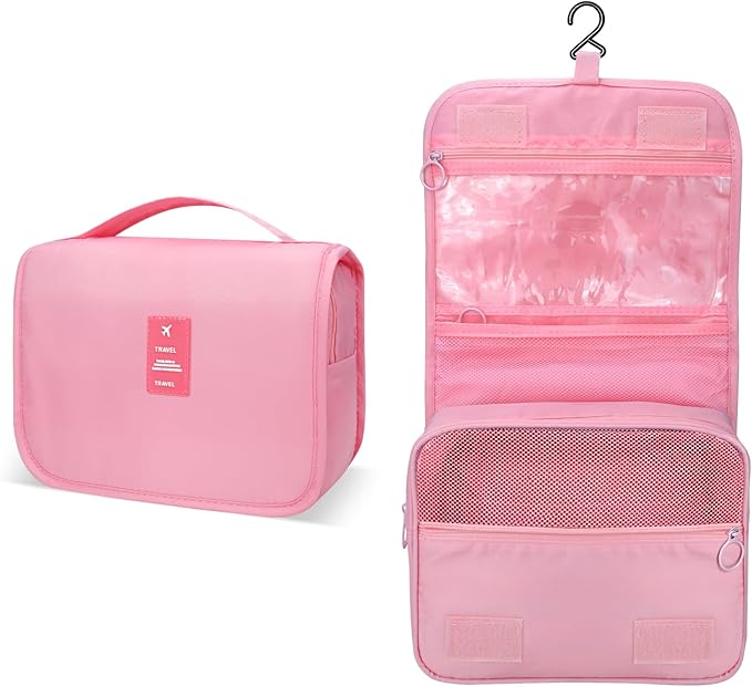 Large Capacity Toiletry Bag Travel Bag with Hanging Hook for Men and Women Waterproof Travel Cosmetic Bag Bathroom Storage Bag for Brushes Set, Full-Sized Shampoo,Accessories(Pink)
