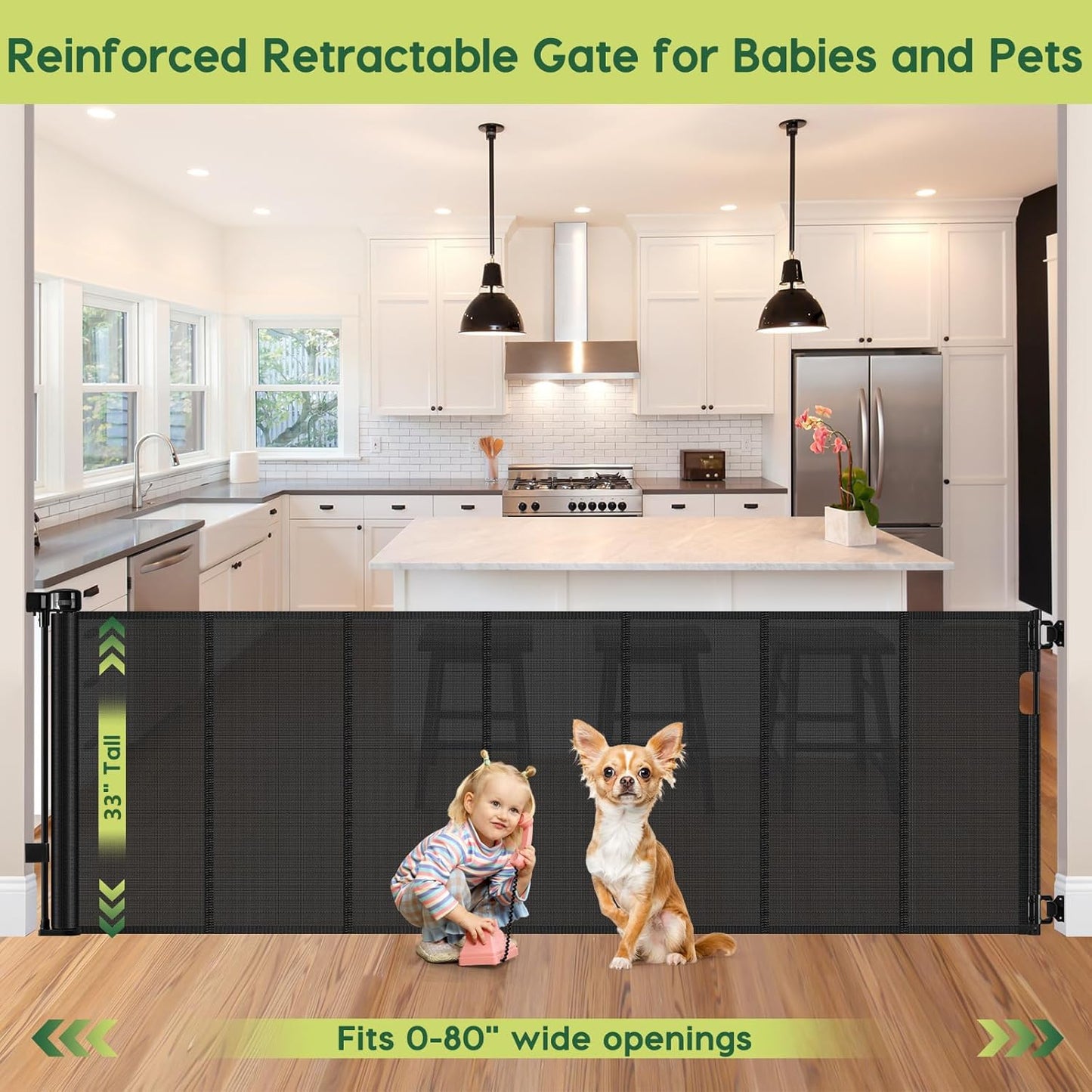 Reinforced 80 Inch Retractable Baby Gate Extra Wide Baby Gate for Wide Openings, Indoor/Outdoor Retractable Dog Gate for Doorway, Mesh Dog Gate Indoor Prevent Babies/Pets from Crawling Under, Black