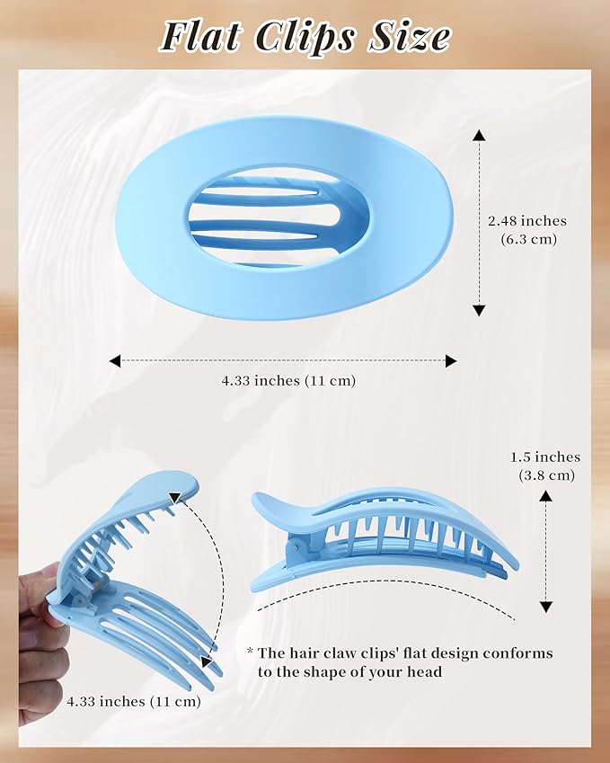 Mesovor 6 Pack Flat Hair Claw Clips, 4.33" Nonslip Large Round Lay Flat Hair Clips | Strong Hold French Flat Hairclips for Lying Down, Yoga, Driving (Candy Colored)