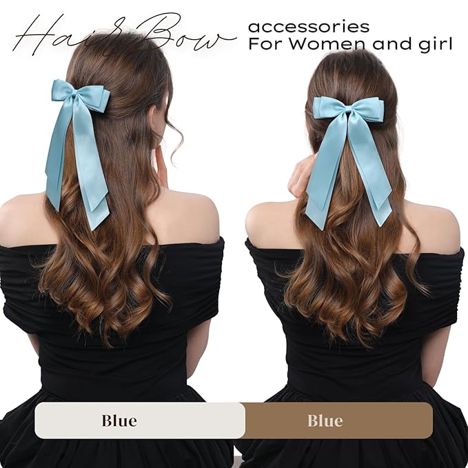 LuSeren 2 PCS Double Layer Hair Bows Light Blue Hair Ribbon Clips Ponytail Holder Accessories for Women Girls Toddlers Teens Kids