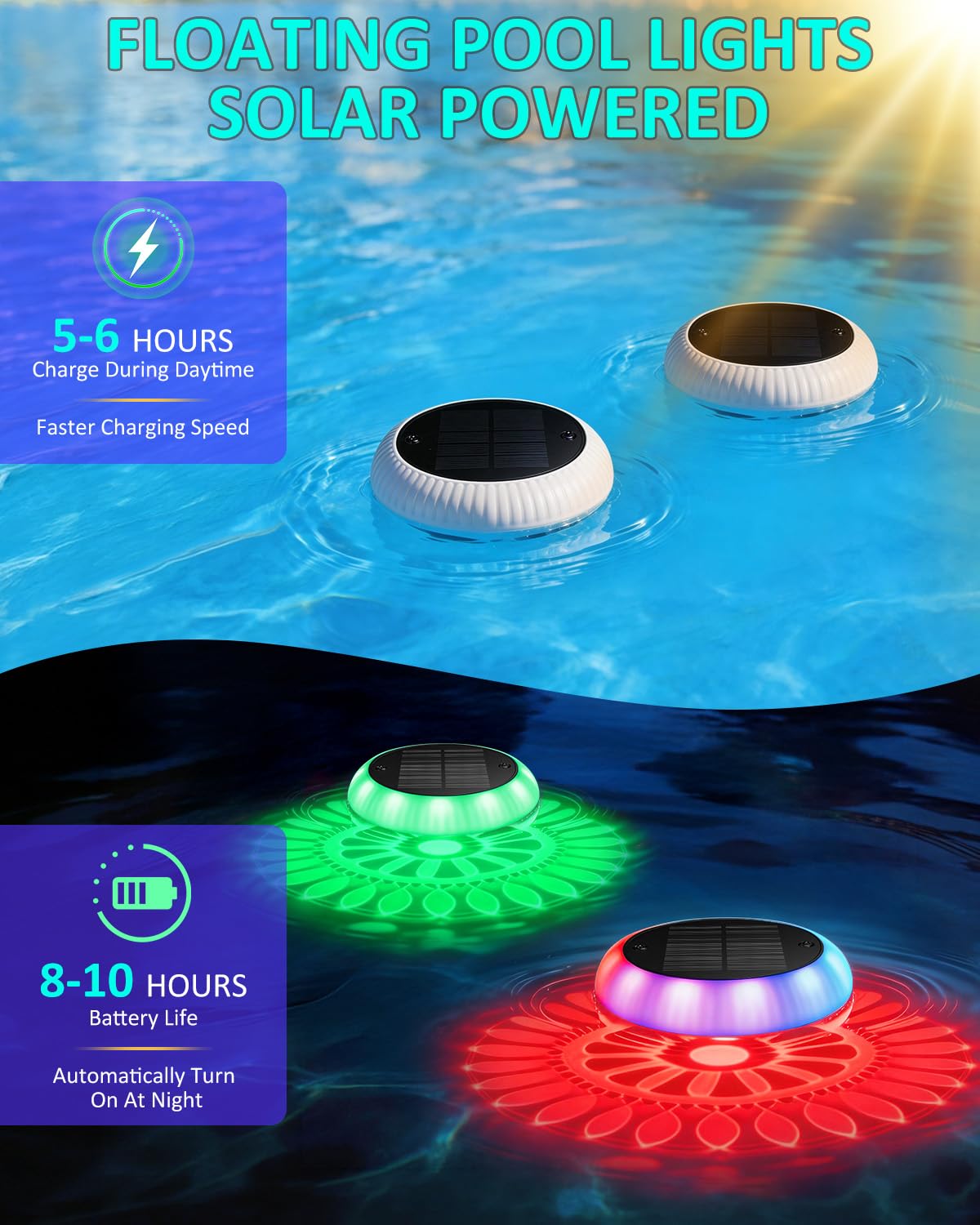 Yogaret Solar Floating Pool Lights - Pool Lights, 18 RGB Lighting Modes, IP68 Waterproof, for Inground and Above Ground Pool, Pool Party, Bathroom, Bathtub, Garden, Pond Decor（2Pcs）