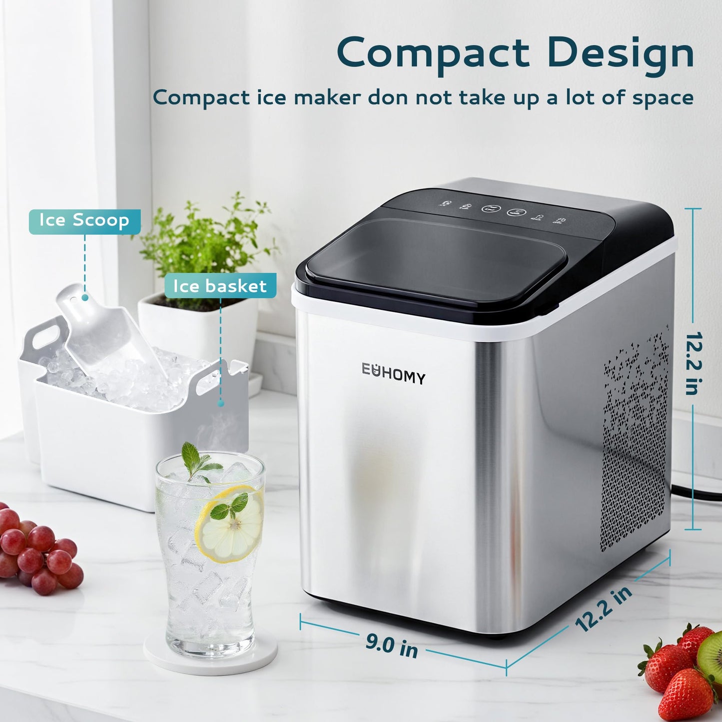 EUHOMY Nugget Ice Maker Countertop, Ready in 8 Mins, Self-Cleaning, 34lbs/24H Portable Ice Maker Machine with Ice Scoop & Basket, Sonic Ice Makers with Chewable Pellet Ice for Home/Party/RV/Camping