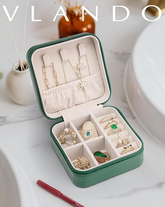 VLANDO Small Travel Jewelry Box Organizer - Girls Women Gift Rings Earrings Necklaces Jewelry Storage Display Case Dark Green