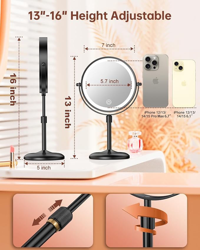 Benbilry Lighted Makeup Mirror with 10X Magnification & 3 Color Lights, Adjustable Brightness & Height, 7 Inch 360° Swivel Rechargeable LED Magnifying Make Up Vanity Mirror with Lighting (Black)