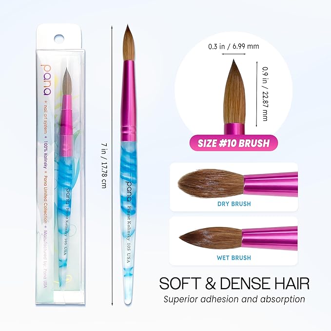 PANA USA Acrylic Nail Brush Pure Kolinsky Hair Acrylic White Swirl Blue Handle with Pink Ferrule Round Shaped - Size 10