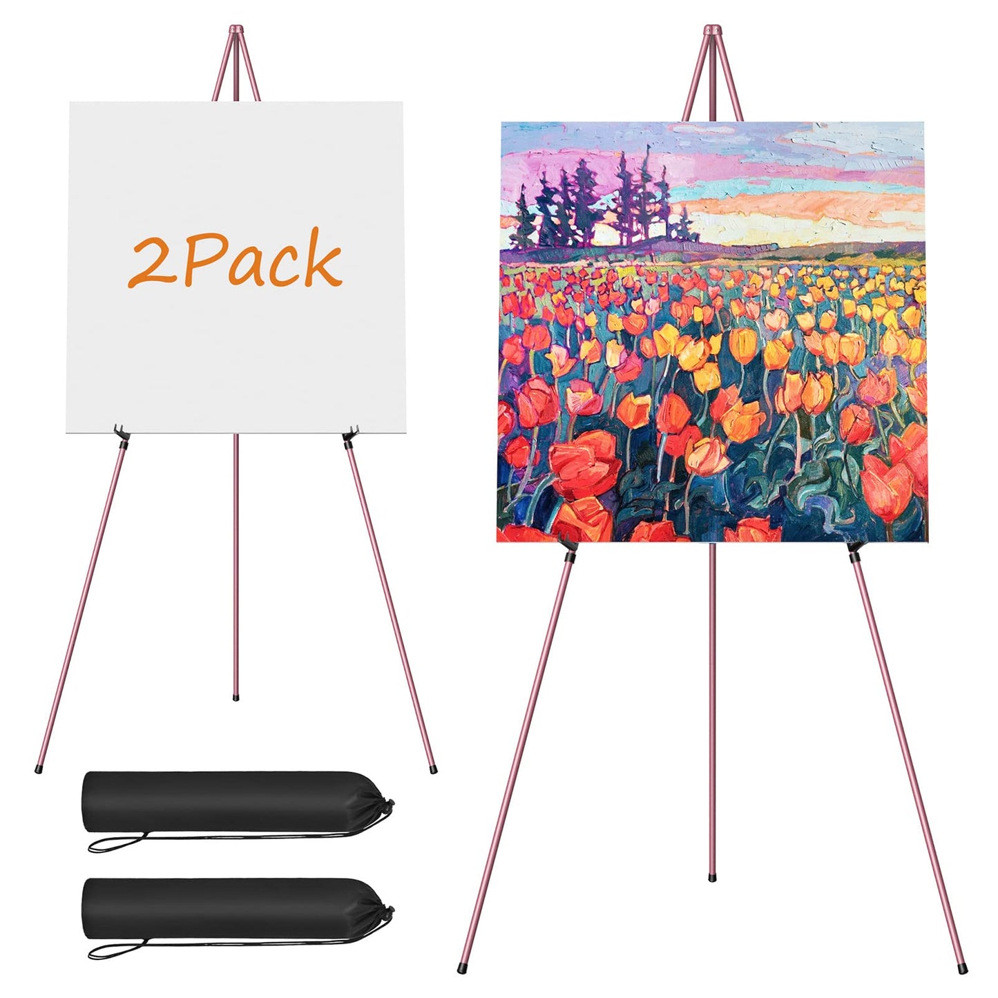 Easel Stand for Display, Aredy 63" Portable Painting Easel, Lightweight Metal Easels for Painting Canvas, Wedding Sign (2 Pack, Pink)