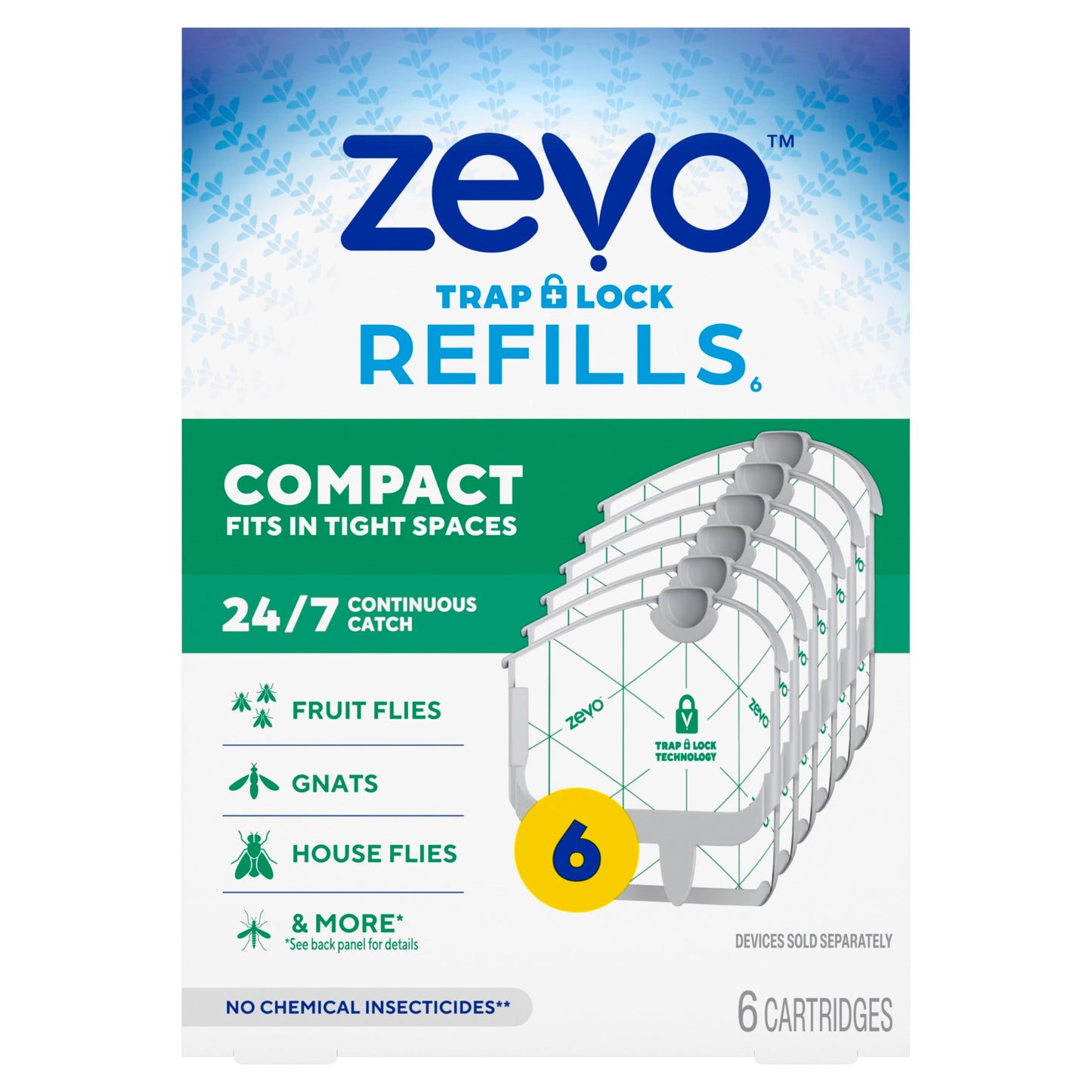 Zevo Compact Flying Insect Trap Official Refill Cartridges - Fits Zevo Compact & Plant Indoor Plug-in Trap, Authentic Trap + Lock Technology to Catch Gnats, House & Fruit Flies (6 Official Refills)