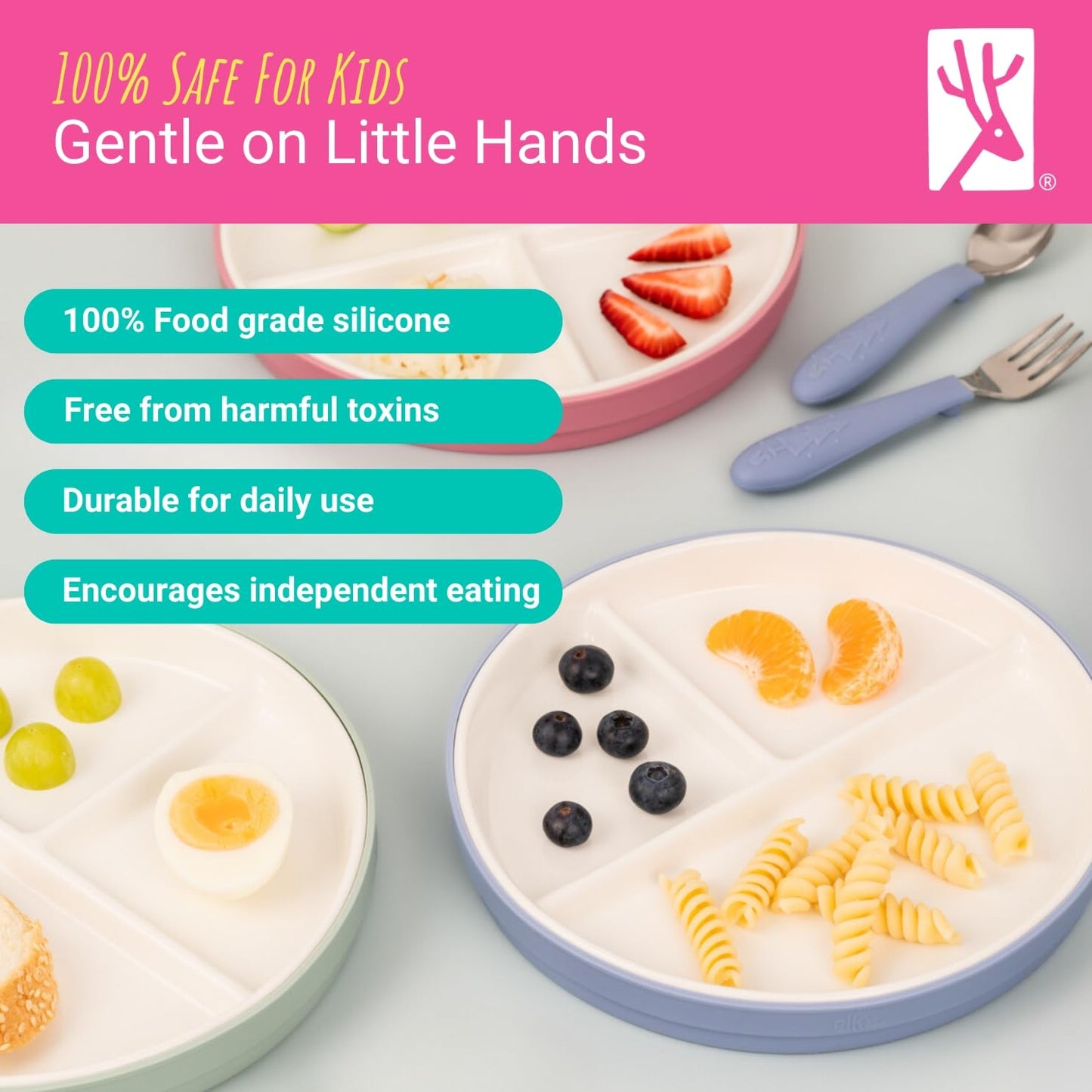 Elk and Friends Kids 7.8” Porcelain White Plates with Silicone Sleeves | Divided Plates | Suitable for Kids/Toddlers | Microwave & Dishwasher Safe | Non Slip | Snack Dishes…