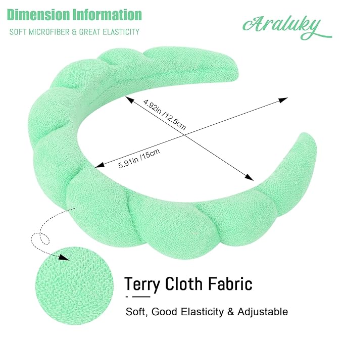 Women's Spa Headband for Washing Face, Makeup Removal, and Shower - Terry Cloth Puffy Sponge Headband with Hair Accessories (Green)
