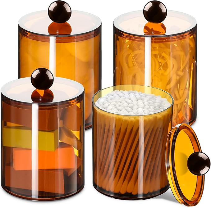 XIPENGKEJI 4 Pack Qtip Holder,Canister Apothecary Jar Set, Bathroom Jars with Lids Set for Cotton Swabs, Balls, Pads, Floss Picks,10oz-12oz Plastic Canisters Restroom Bedroom Vanity Organizer(Brown)