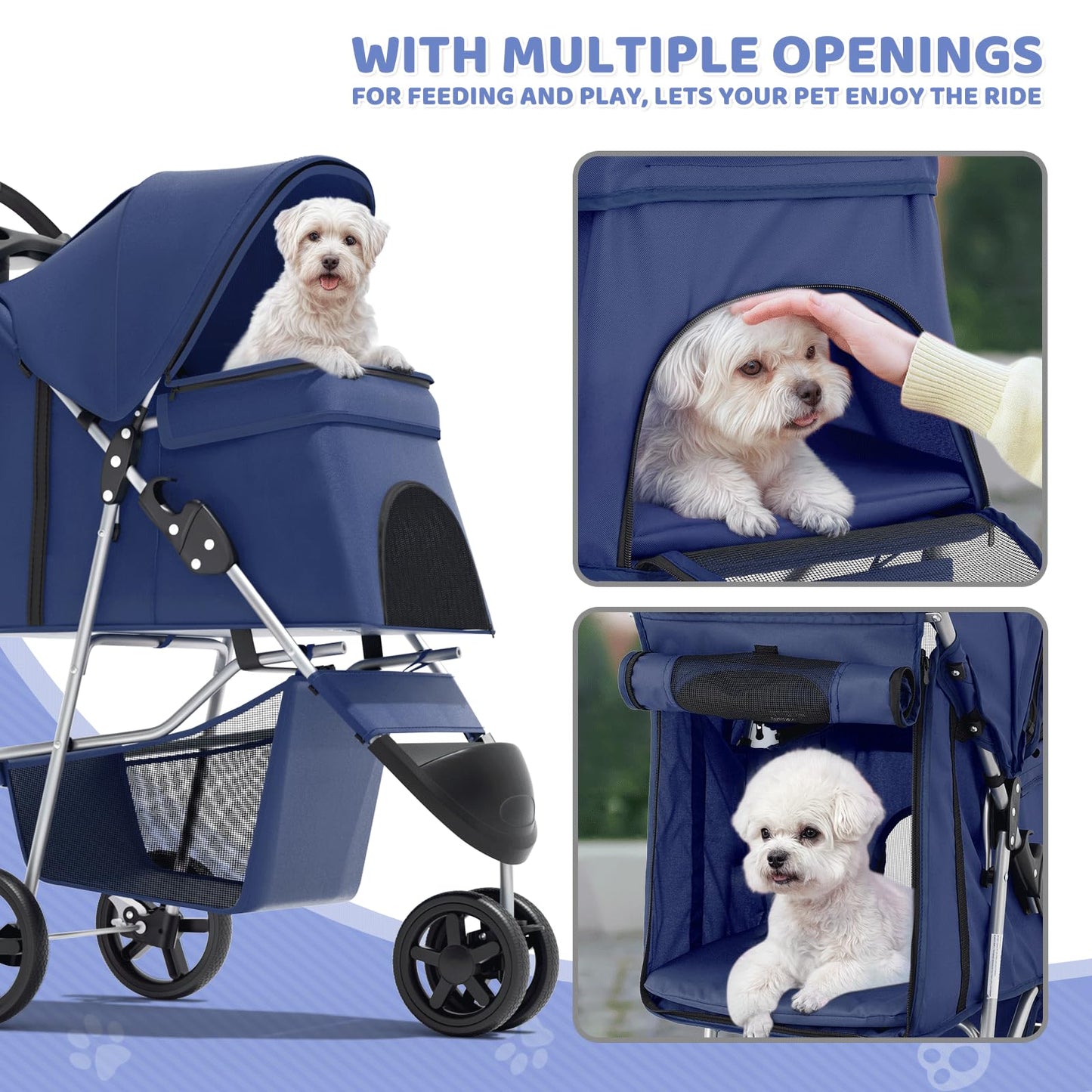 Magshion 3-Wheel Pet Stroller, Foldable Travel Jogger for Small & Medium Dogs & Cats (Up to 33lbs), Lightweight Carrier with Breathable Mesh Cover, Cup Holder & Storage Basket, Navy Blue
