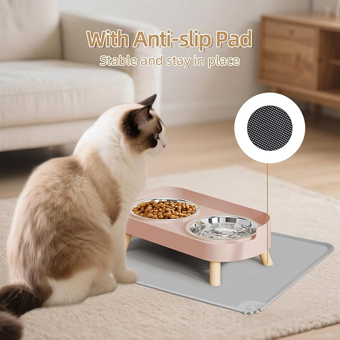 Elevated Cat Bowl with Food Mat, Raised Cat Food and Water Bowl Set for Indoor Cats, Splash Proof with 2 Stainless Steel Pet Food Bowls for Cats and Puppies,Whisker Fatigue and Dishwasher Safe (Pink)