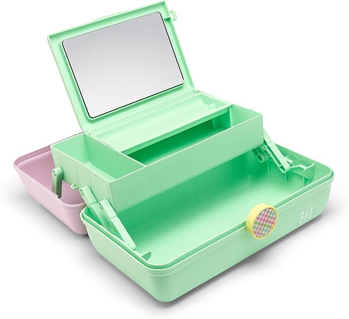 Caboodles On-The-Go Girl Makeup Storage Box 2-Pack, Two-Tone Pink/Light Blue and Lavender/Light Green, Hard Plastic Makeup Organizer Box, Built-In Mirror, Secure Latch for Safe Travel