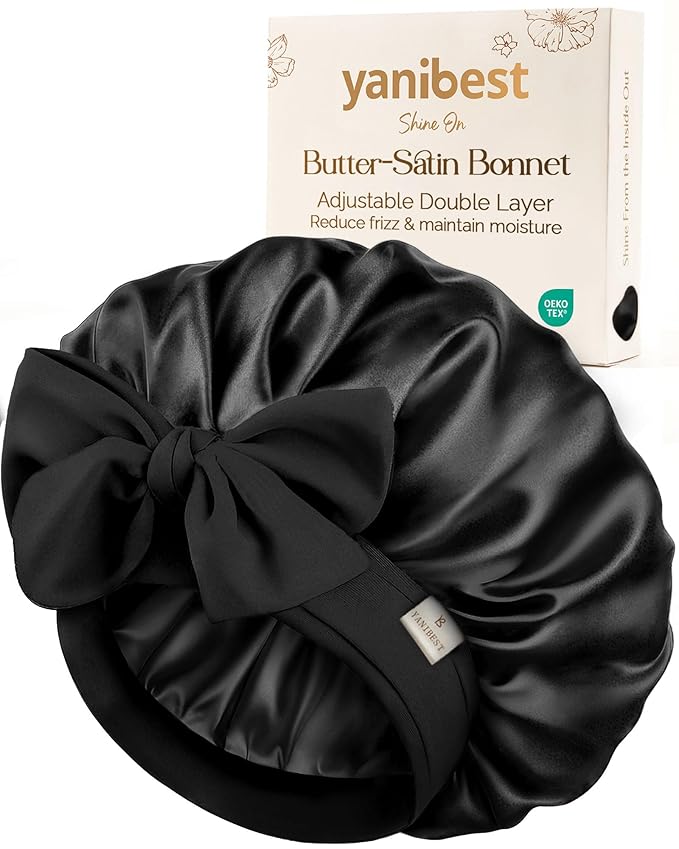 Yanibest Adjustable Satin Bonnet for Sleeping, Double Layer Silk Hair Bonnet with Tie Band for Unisex Women Men Curly Natural