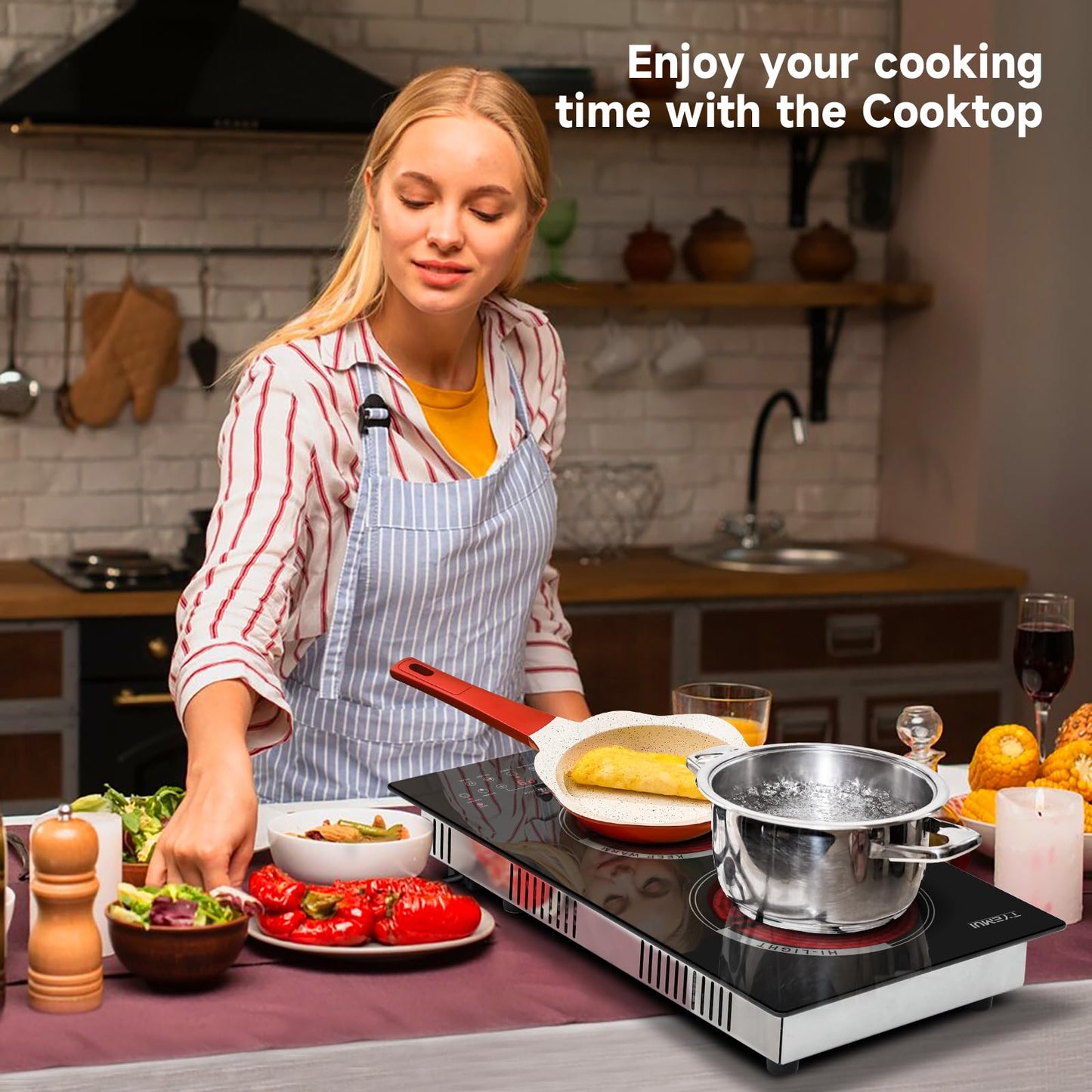 TYEMUI Double Burner Electric Cooktop Plug in 2000W, 110V~120V Countertop Stove, Electric Stove 2 Burner for Cooking, 110 volt Kitchen Stove 12inch Built-in Countertop with Timer, Peak, Pause