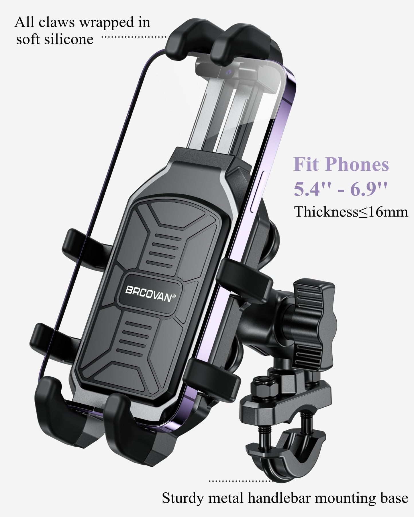 BRCOVAN Motorcycle Phone Mount Holder with Vibration Dampener, Anti-Shake Handlebar Cellphone Cradle for Bike Bicycle Scooter ATV, Adjustable Fit 5.4-6.9'' Smartphone