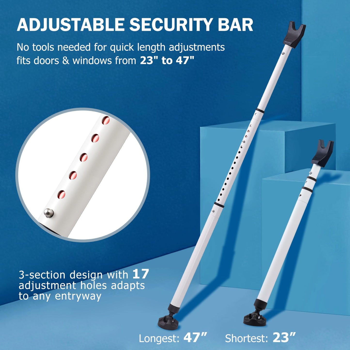 Heavy Duty Sliding Door Security Bar, Adjustable 23"-47" Security Window Stopper Jammer for Home & Travel, Door Lock Stick Bar with Anti-Slip 360° Base Fits All Floors, Hotel/Apartment Safety Device