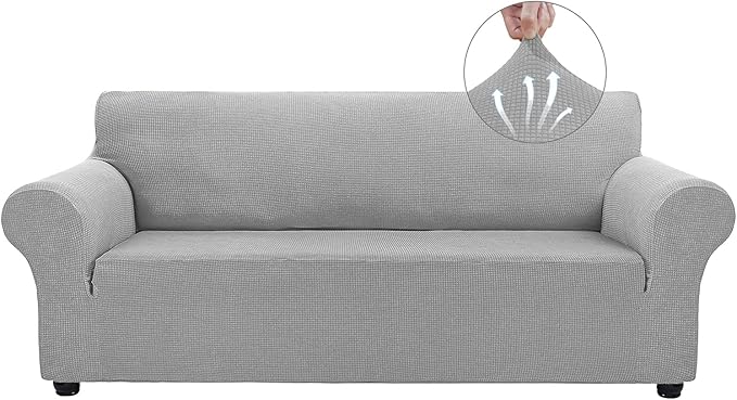Asnomy Couch Covers for 3 Cushion Couch Stretch Sofa Covers Slipcovers, Pet Protector Furniture Covers for Dogs Cats Spandex Jacquard Fabric Small Checks （Large，Silver）