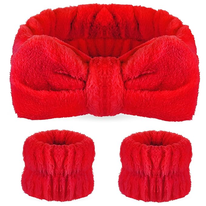 Hanaive 3 Pcs Face Wash Headband and Wristband Set Bow Spa Headbands Face Wash Arm Cuffs for Women Makeup Skincare Bath Headbands Wrist Bands for Washing Sleepover Party Supplies(Red)