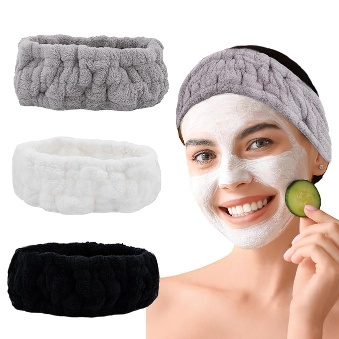 Microfiber Spa Headband 3-Pack, Soft Terry Cloth Headband for Washing Face, Facial Mask, Makeup, Shower, Yoga, Gift for Women and Teens (Black+Light Gray+White)