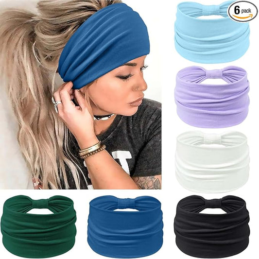 Awumbuk Wide Headbands for Women Knotted No Slip Head Bands Soft Turban Headband Hair Accessories Boho African Solid Color Head Wraps for Women Yoga Workout Pack of 6