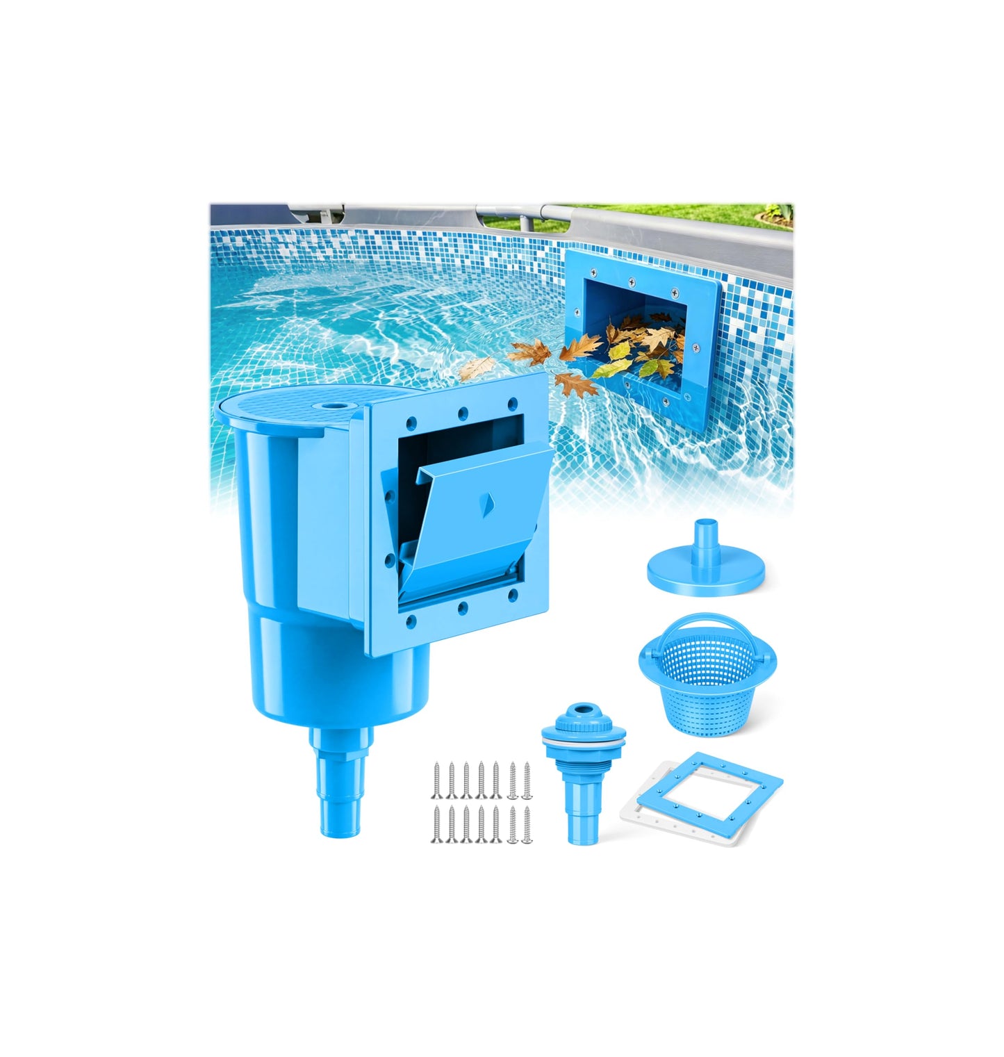 BluSwim Standard Pool Wall Skimmer for Above Ground Pools, Heavy Duty ABS Through Wall Pool Skimmers with Return Jet & Vacuum Plate, Thru-wall Skimmer Kit Compatible with All Width 6 '' Openings