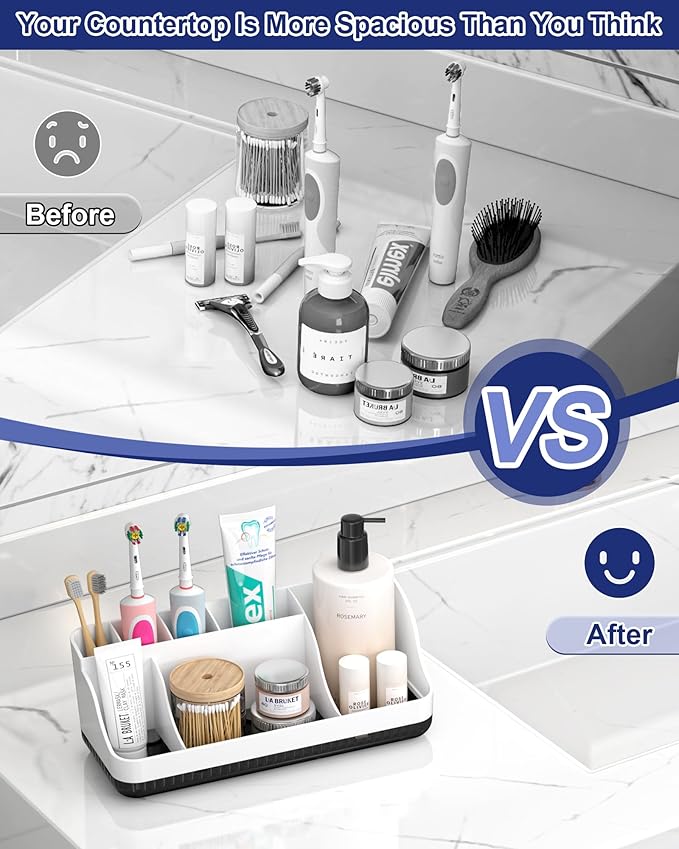 Bathroom Counter Organizer and Storage with 2 Pack Qtip Holder Dispenser, 7 Slots Detachable Toothbrush Holders for Bathrooms, Anti-Slip Electric Toothbrush and Toothpaste Holder Countertop