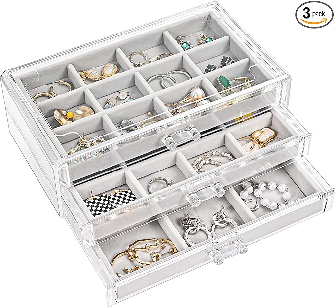 ProCase Earring Holder Organizer Jewelry Box with 3 Drawers, Acrylic Clear Earring Case with Adjustable Velvet Trays for Women - Grey, 3 Layers
