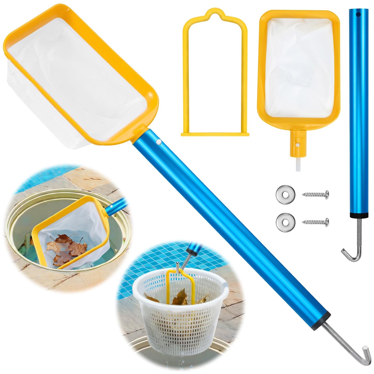 ComfyKit 22.5in 2-in-1 Pool Skimmer Tool with Stainless Steel Hook and Detachable Fine Mesh Net, Includes Skimmer Basket Handle, for Above Ground and Inground Pools