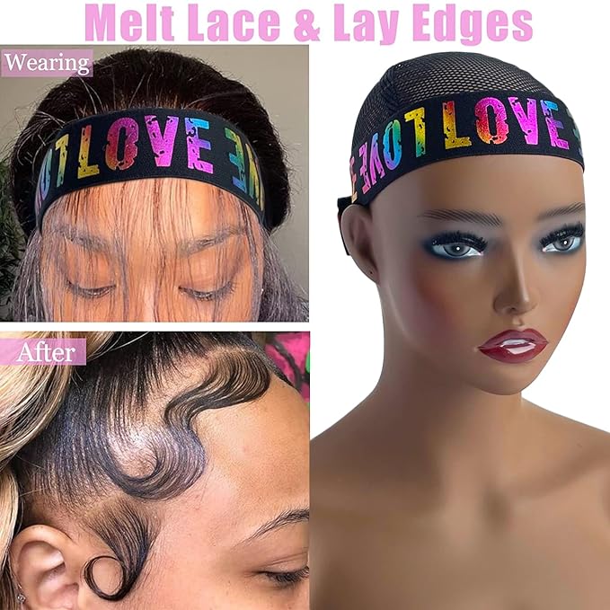 Elastic Wig Bands with Melting and Adjustable Magic Buckle for Lace Frontal Wigs, Edges Lay and Grip, Suitable for Wig Bands and Edges (2PCs, ColorLove)