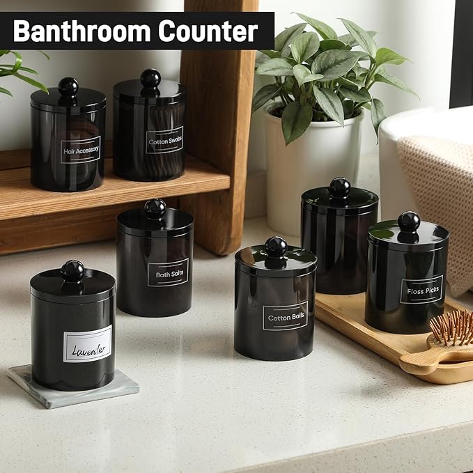 4 Pack Acrylic Qtip Holder Dispenser for Cotton Swabs, Balls, Pads, Floss Picks- Clear Acrylic Canister Apothecary Jar Set, Bathroom Essentials Accessories Decor Vanity Makeup Storage Organizer -Black
