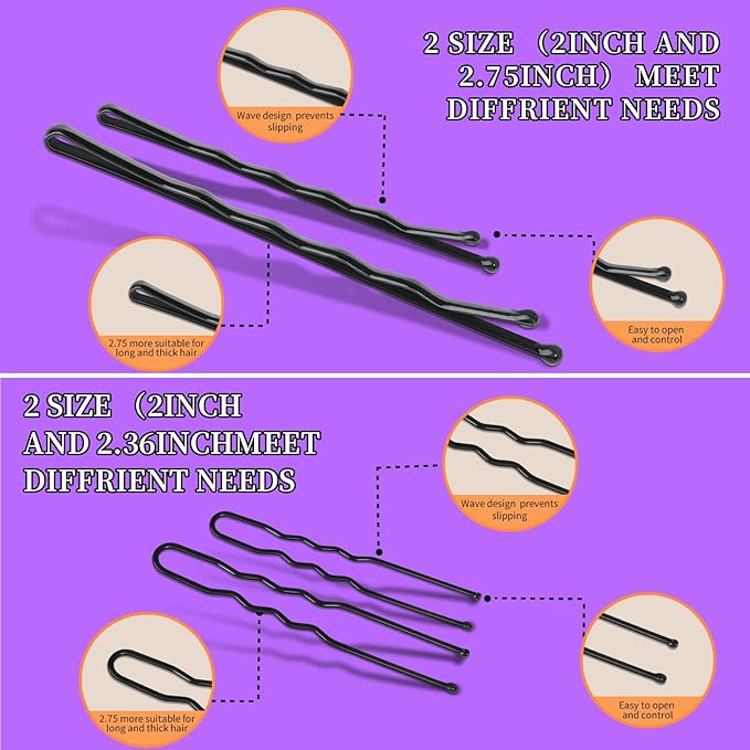 Teenitor 300pcs Hair Pins Bobby Pins Black, 100 Black Bobby Pins 2" 2.75"100 Hair Pins for Women and 100 Clear Hair Bands Kit, U Pins for Buns 2" 2.36"
