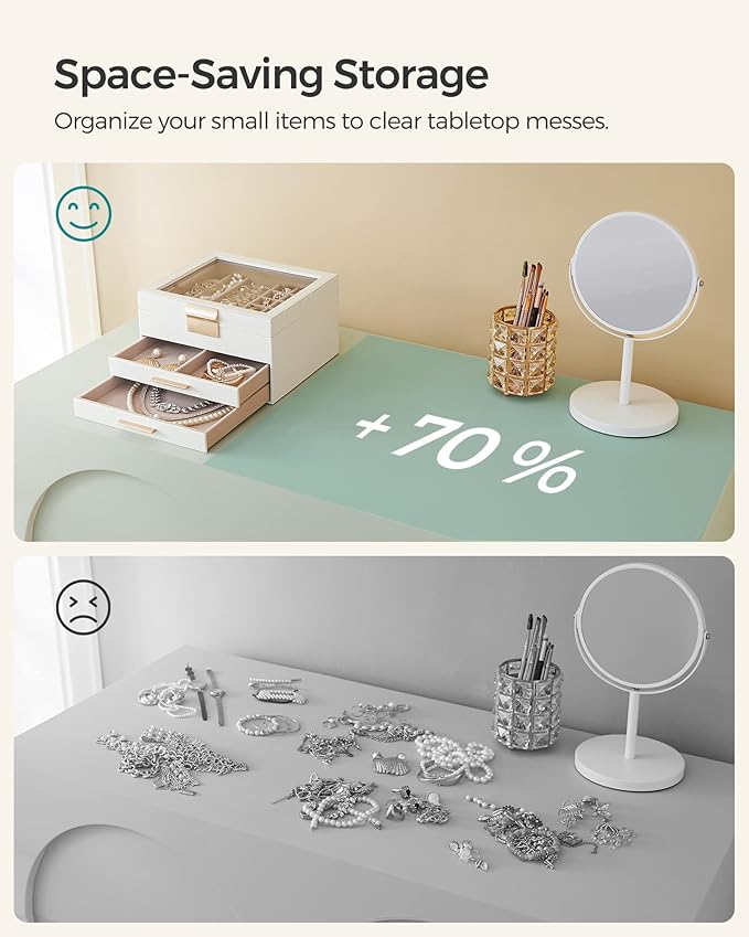 SONGMICS GISELLA Collection - Jewelry Box Organizer, 3-Layer Jewelry Storage with 2 Drawers, Shiny Metal Hardware, Glass Lid, Modern, 8 x 9.1 x 5.3 Inches, Cloud White and Gold Color UJBC239WT
