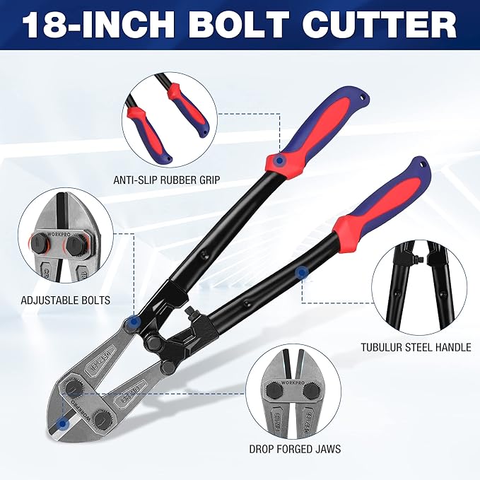 WORKPRO Bolt Cutter, Bi-Material Handle with Soft Rubber Grip, 18", Chrome Molybdenum Steel Blade, W017005A