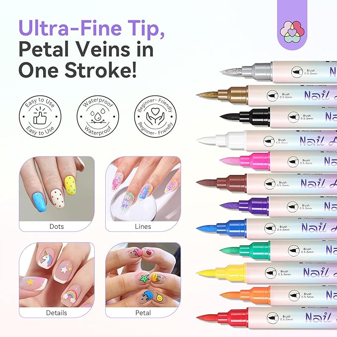 SAVILAND 12 Colors Nail Polish Pens Set: 20s Quick-Drying Dual-Tip Acrylic Paint Nail Art Pens Fine Tip for Painting Nails, Drawing Dots, Lines & Designs, Home DIY Nail Art Supplies