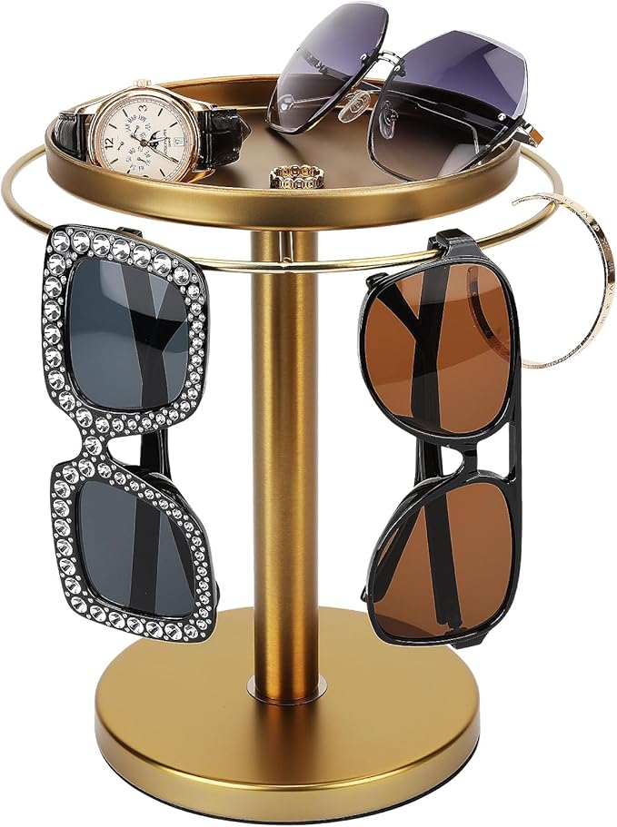 360° Rotating Sunglass Organizer Storage, Stainless Steel Glasses Holder Stand, Glasses Organizer with Tray for Desk, Dresser, Tabletop, Nightstand and Home Decor (Gold)
