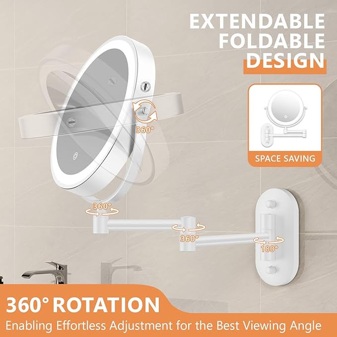 Auxmir 1X/30X Wall Mounted Makeup Mirror with Light, 8" Rechargeable Double-Sided Magnifying Mirror, Vanity Mirror Dimmable 3 Color Light, 360° Extension Rotation Foldable 14.5 Inch Arm, White