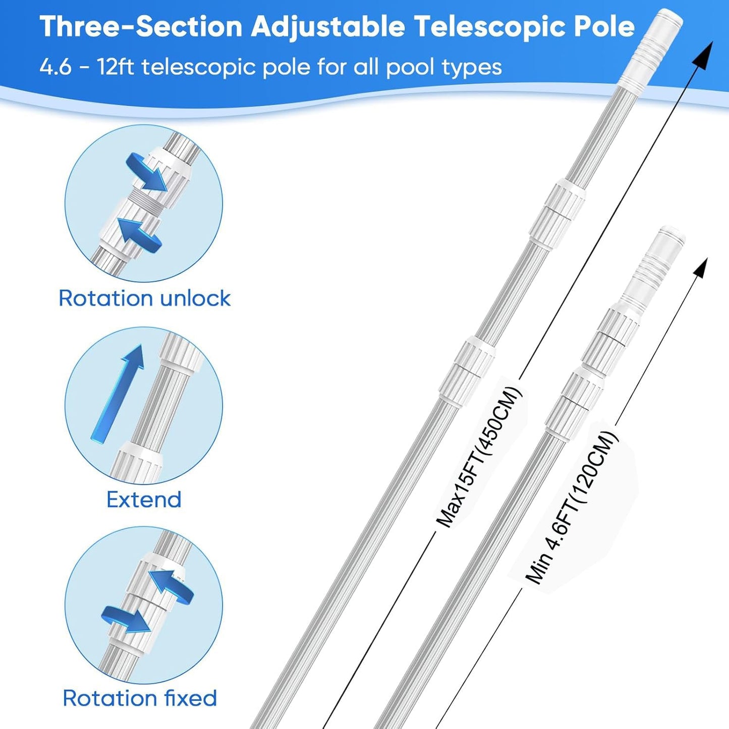 WXFANA 15FT Telescopic Pool Pole, Pool Skimmer Pole Heavy Duty, Adjustable 3 Piece Expandable Step-Up, Universal Pole for Skimmer Nets, Rakes, Brushes, Vacuum Heads Cleaning.