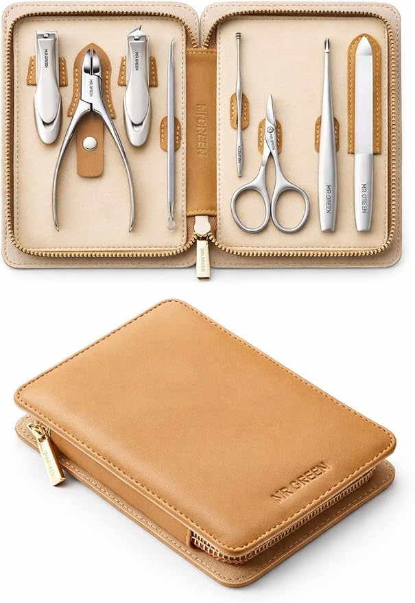 MR.GREEN Manicure Pedicure Kit 8-in-1, Upgraded Anti-Splash Nail Clippers Set, German Stainless Steel Full-Function Nail Grooming Kit with Real Leather Case for Women & Men, IdealGift
