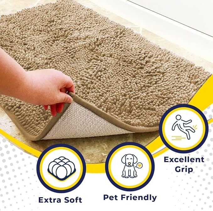 Muddy Mat® 2-Piece Beige Medium 30"X19" AS-SEEN-ON-TV Highly Absorbent Microfiber Door Mat, Bath Mat and Pet Rug, Non slip Thick Washable, Soft Chenille for Kitchen Bathroom Bedroom Indoor and Outdoor