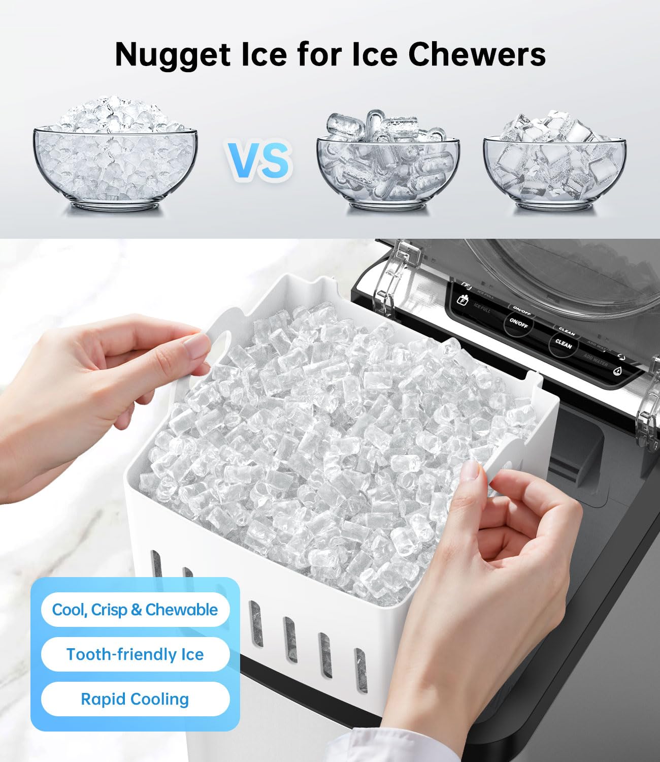 WIE Nugget Ice Maker Countertop, 44 lbs in 24 Hours, Pellet Ice Maker Machine with Self-Cleaning, Scoop & Basket Included, Crushed Pebble Ice Makers for Home, Office, Kitchen, Party
