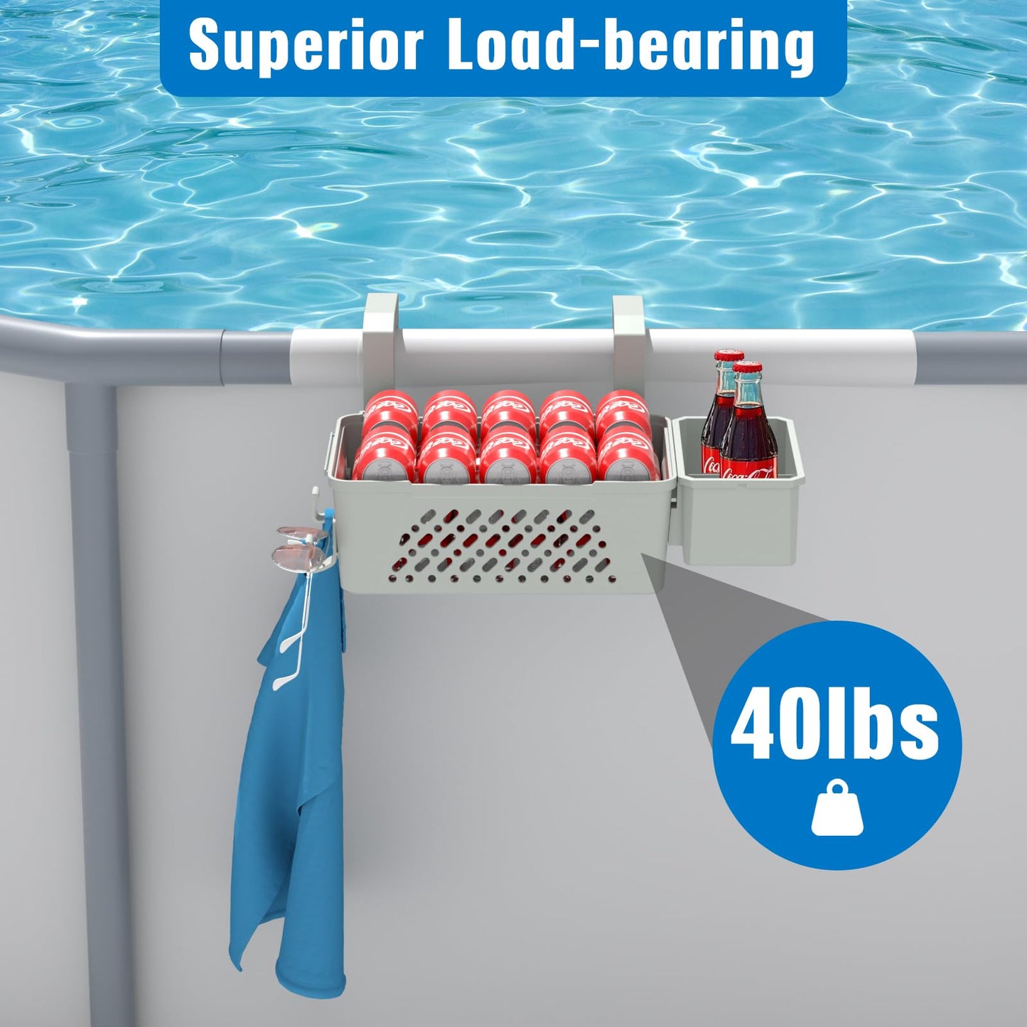 HKQ 【2026 Upgrade】 2 Sets Poolside Storage Basket with Cup Holders, Above Ground Pool Accessories, Swimming Pool Storage Basket 3-in-1 Functionality, Fits 3 Inch or Less Top Rail (Grey, 2Pcs)