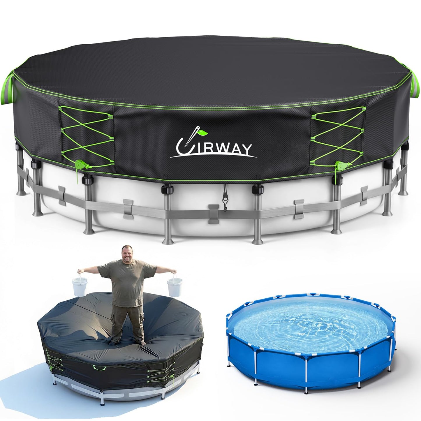 Uirway 600D Upgraded 18ft Pool Cover Round for Above Ground Pool, Tear Resistant Heavy Duty Fabric with Windproof Ratchet Locking & Reflective Drawstring, Weatherproof UV Protection, Anti-Slip Straps