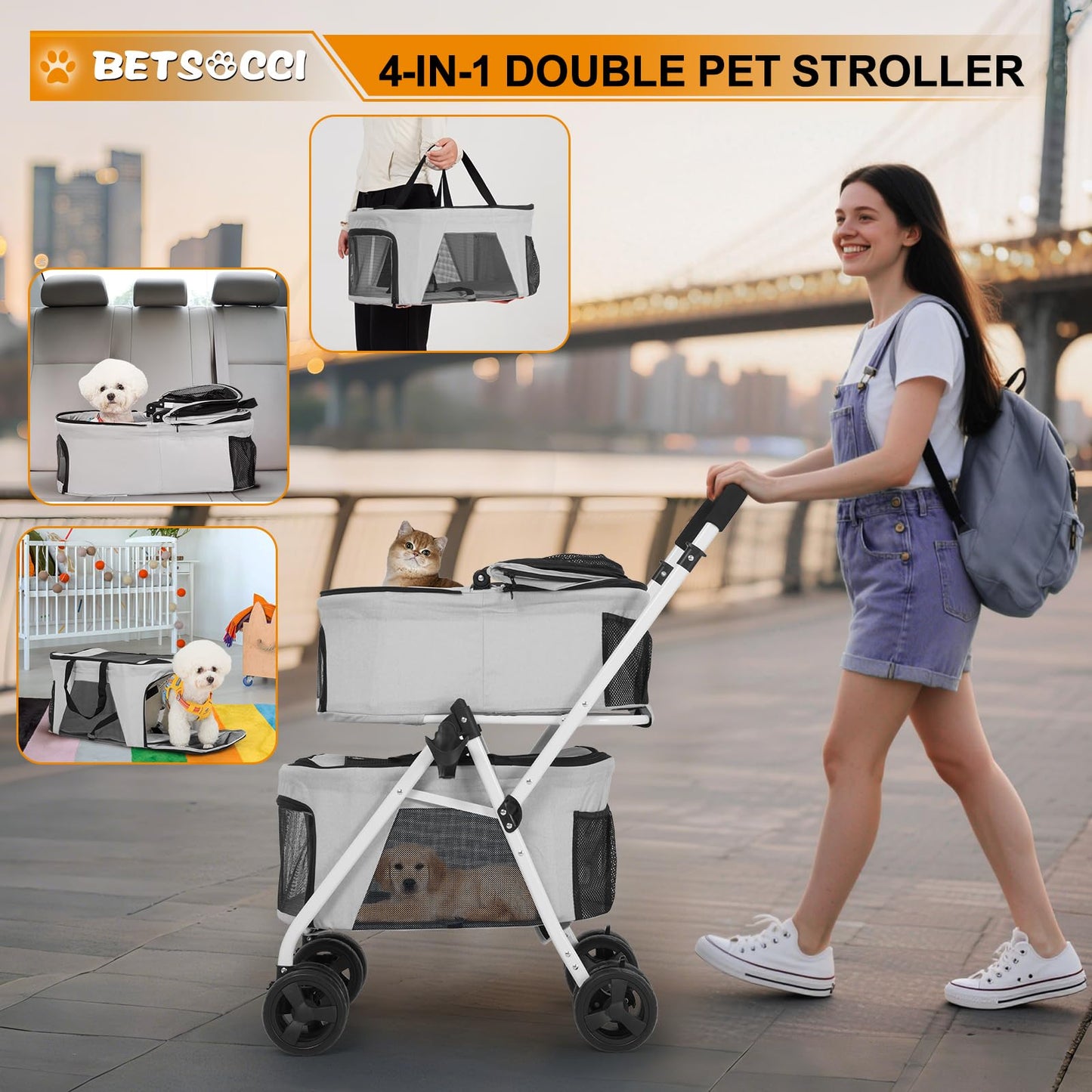 BETSOCCI Double Dog Stroller with 2 Detachable Carrier, Portable Pet Stroller for Small Dogs & Cats Folding Lightweight Puppy Travel Carriage, 4 Wheels, Grey