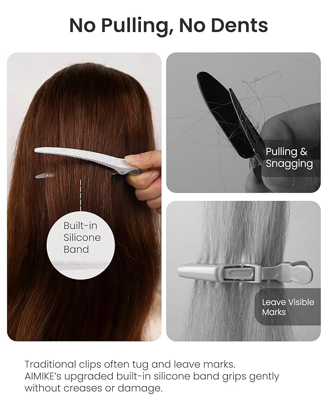 AIMIKE Extended Sectioning Hair Clips w/Built-in Silicone Band, 4.8" No-Crease Non-Slip Hair Styling Clips for Thick, Long Hair – Blow Drying,Hair Rollers, Rust-Free –6 Pack, White Duckbill Clips
