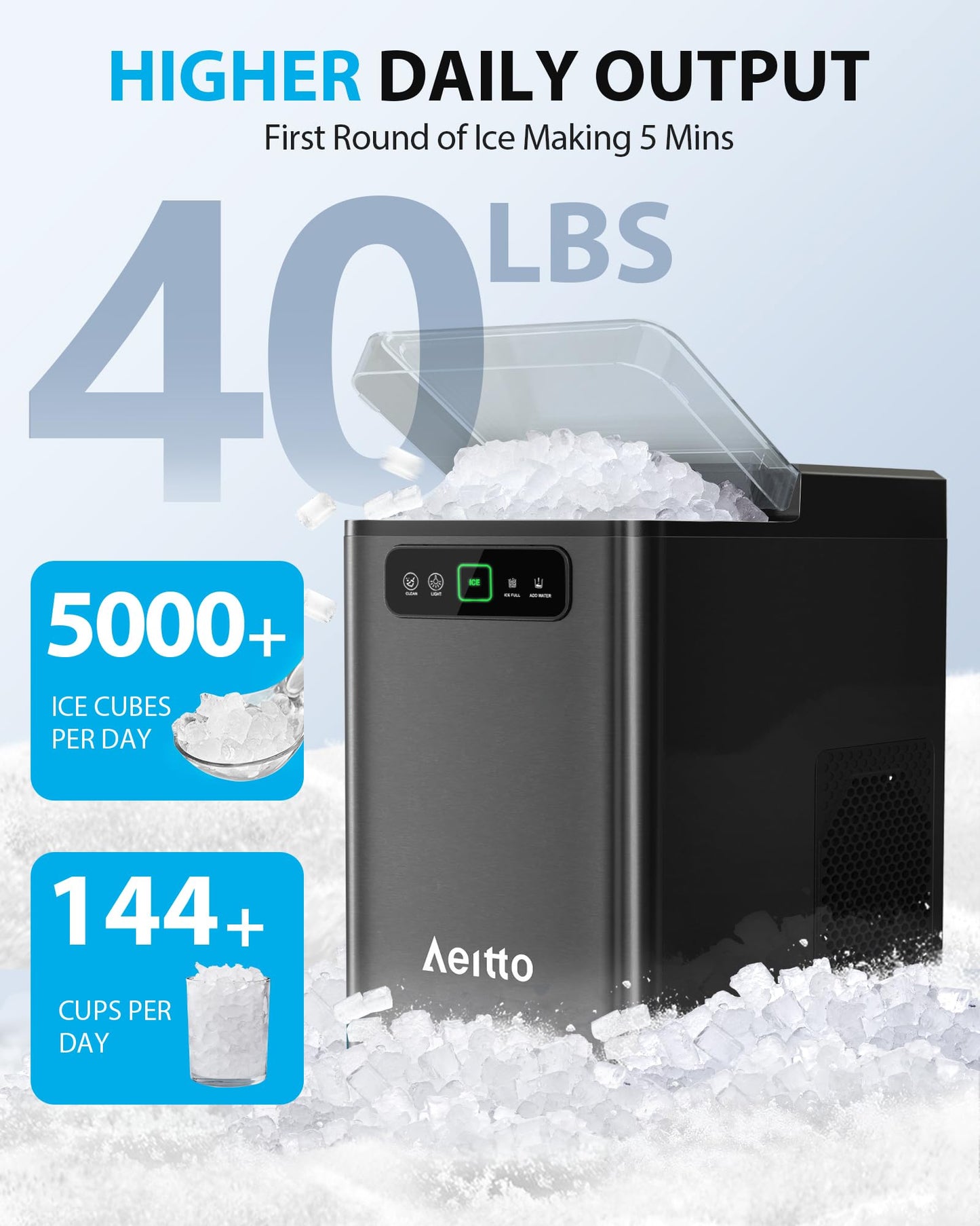 Aeitto Nugget Ice Maker Countertop, Pellet Ice Machine Soft Chewable Ice 40lbs/Day, One-Click Operation, Auto Self-Cleaning Crushed Ice Makers Stainless with Scoop for Home/Kitchen/Office (Black)