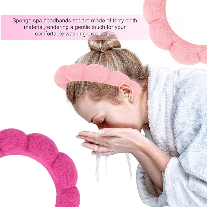 AMCAMI Puffy Spa Headband for Women Sponge Headbands for Girls 2 PCS Terry Towel Cloth Fabric Head Band for Skincare,Makeup Removal,Face Washing,Facial Mask,Shower,Hair Accessories（Red&Light Pink）