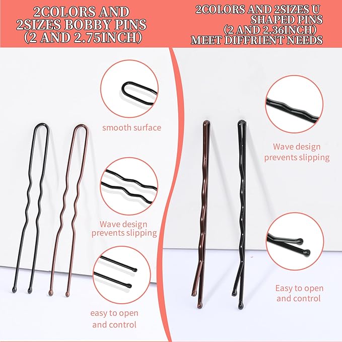 Teenitor 300pcs Bobby Pins Hair Pins, 100 Hair Pins 100 Bobby Pins Brown Hair Black for Women 100 Hair Bands 2inch 2.36inch 2.75inch Brown Black