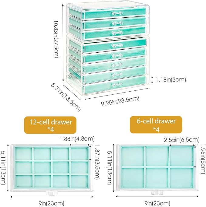 ProCase Earring Holder Organizer Jewelry Box with 8 Drawers, Acrylic Clear Earring Case with Adjustable Velvet Trays for Women - Aqua, 8 Layers