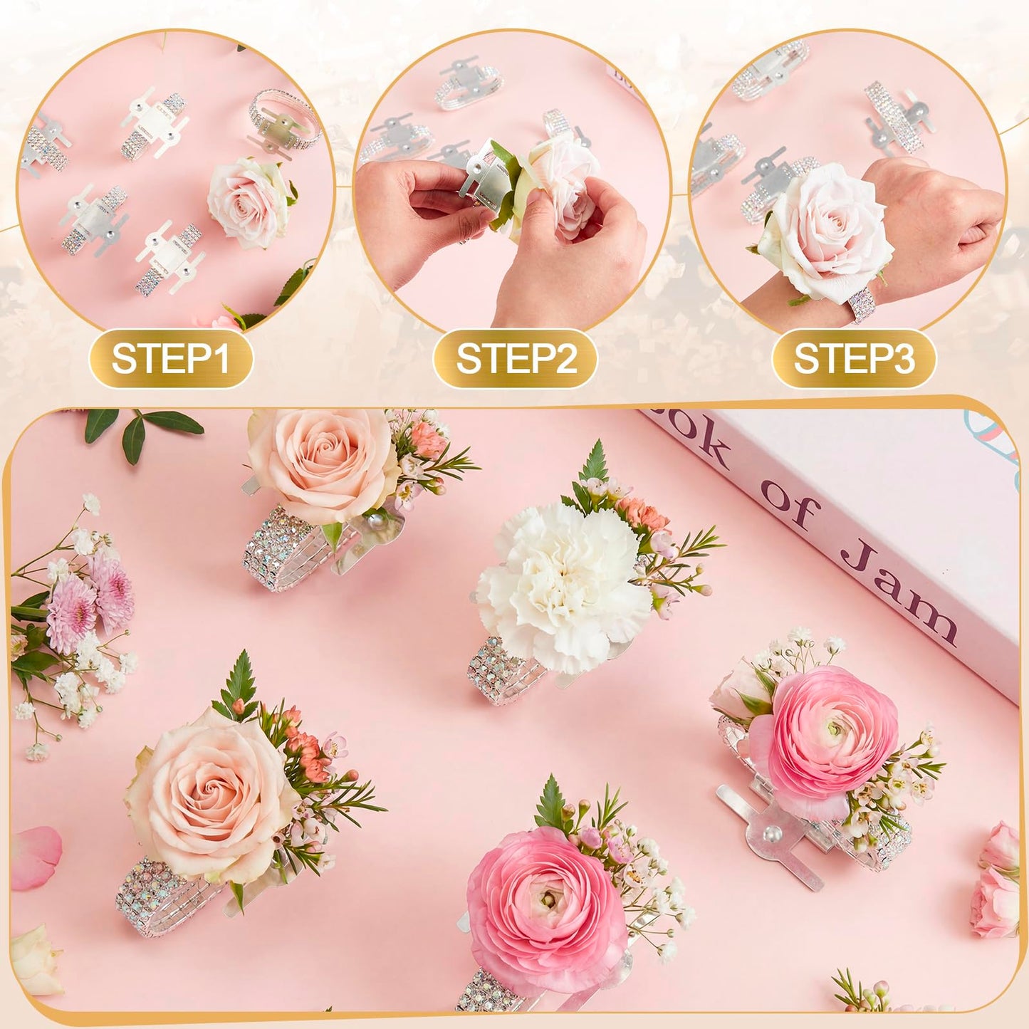 Relaxgiant 6 Pieces Corsage Wristlet Bracelets Rhinestone Stretch Corsage Band Floral Slaplets Wedding Bracelets DIY Wrist Accessories Iridescent Silver Bridesmaid Bridal Shower Prom